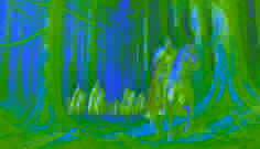 King Rüdeger and his knights riding through a dense forest on a quest under filtered sunlight.