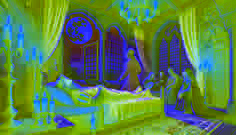 King Rüdeger on his deathbed, surrounded by loved ones, as moonlight reveals a faint minstrel in the background. 