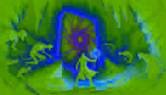 Luka canaliza energía a través de un bastón resplandeciente para sellar un oscuro y palpitante portal en una áspera cueva subterránea.
