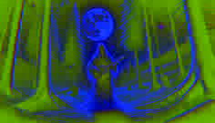 The ghostly minstrel Lorenz glowing faintly, playing a lute in a moonlit snowy clearing.
