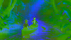 Ana and Tavio paddle a wooden canoe down the shimmering Silver River, framed by dense rainforest and golden sunlight.