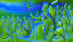 Königin Nzinga in ihren späteren Jahren, auf einem Thron sitzend, umgeben von Menschen, mit einem Speer, der ihr bleibendes Erbe symbolisiert.