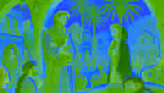 Khalid, a merchant, tells stories to villagers near a desert oasis, with Layla listening by the ancient palm tree.