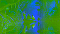 A small team navigating a skiff through the dense mangroves of Zapata Swamp, surrounded by a mysterious ambiance.
