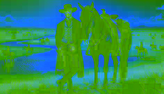 Miguel Santoro stands confidently beside his black stallion, Relámpago, in the savannas of Los Llanos.