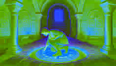 Luka se agacha junto a una piedra circular brillante dentro de una antigua capilla, revelando un pasaje secreto debajo.