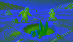 Dos aterrorizados niños inuit huyen mientras una mano verde y con garras emerge violentamente de un agujero helado de pesca.