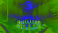 Os aldeãos formam um círculo ritual em uma clareira iluminada pela luz da lua, onde aparece um ícone espectral de uma cabra montês.