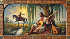 Um painel pintado detalhadamente que retrata Mamay, o cosaco, com bandura, salgueiro, cavalo e sabre, sob um sol baixo.