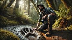 A wildlife photographer kneeling by a large muddy footprint in the forest