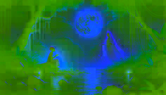 Aissatou chante au bord de la rivière la nuit, sous la pleine lune, tandis que la silhouette lumineuse de Maam Kumba Bang émerge pour écouter.