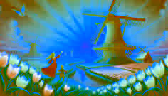 Molino de viento restaurado al amanecer, con campos de tulipanes brillando bajo el sol naciente. Lila y Elara se encuentran de pie, triunfantes, junto al molino.