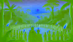 Kalinda se encuentra con su abuela al amanecer, rodeada de aldeanos sonrientes mientras la luz del sol se abre paso a través de la selva.