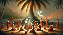 Obatala formt in der Yoruba-Mythologie menschliche Figuren aus Ton unter einer Palme.