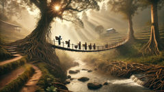 Dorfbewohner überqueren eine lebendige Wurzelbrücke, dahinter erstrecken sich terrassierte Felder und ein Nebelwald – ein Echo der Lehren der Leiter.
