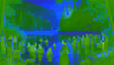 Los aldeanos se bañan en las cálidas y brumosas aguas del Lago Bear, experimentando sus legendarios poderes curativos mientras el sol se eleva sobre el lago.