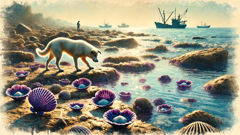 A dog investigates shells along Tyre's shore