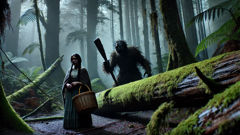 Young woman meeting the Trauco in a dense Chilote forest