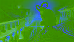 A shadowy Krampus figure with glowing eyes and horns perched on a rooftop in Linz, watching the frightened festival-goers below.