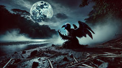 La Tulevieja crying at the river under moonlight, her monstrous bird form weeping