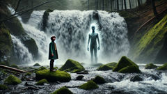 Young Norwegian boy finds spectral Fossegrim at a misty waterfall