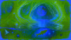 Luna the fish swimming towards the river mouth under a moonlit sky