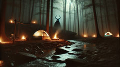 Campsite by a stream in dense forest with a shadowy beast barely visible