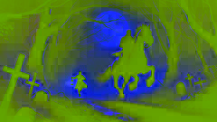 Headless Horseman chasing schoolmaster through misty woods under moonlight