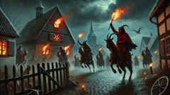 Buckriders raid a Limburg village at night, leaving infernal symbols and chaos.