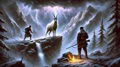 Caçadores enfrentando Zlatorog em uma saliência estreita, enquanto a neve e o vento se aproximam nas imediações do Monte Triglav.