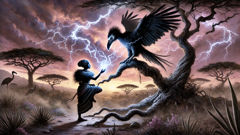 Naledi stands before the Impundulu perched on an acacia tree during a gathering storm