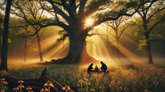 Two people in a wildflower glade beside an ancient oak offering respect to the unseen