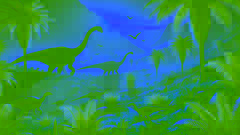 Un manada de dinosaurios de cuello largo pastando en un valle iluminado por el sol.