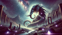 Depiction of gods shaping the Grootslang from clay and starlight in a primordial landscape