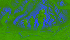 Three terrified explorers flee through a darkened forest, pursued by shadowy figures emerging from the mist.
