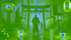 Masaru enfrentándose a un asesino encapuchado bajo el torii iluminado por faroles al atardecer.