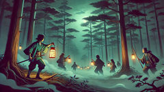 Villagers in medieval Japan searching a misty mountain forest for missing loved ones.