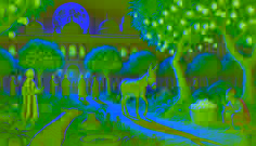 Un asustado burro se encuentra en un jardín real por la noche, mientras unos guardias del palacio con antorchas se acercan, dándose cuenta de que ha sido engañado.
