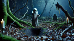 A ghostly child standing in moonlit mossy forest, beckoning silently