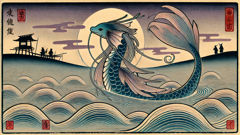 Representação em estilo xilogravura de Amabie, com cabelos longos e três barbatanas na cauda, em águas do crepúsculo.