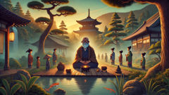 O tanuki careca de Yashima, em forma de monge humano, guiando os moradores em um templo de Sanuki.