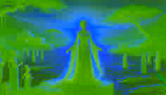Luyando, ahora transformada, se encuentra junto al río vestida con túnicas fluidas, mientras los aldeanos la observan con reverencia. El río ha vuelto a estar en calma.