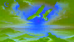 The eagle and the falcon soar together in the evening sky, their rivalry replaced by respect, with desert animals watching below.