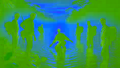 Andrés kneels at the Orinoco River at sunrise, touching the water, as Yara’s faint ghostly figure watches from the mist.