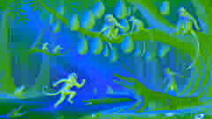 Un crocodile s'approchant d'un singe perché dans un arbre au-dessus d'une rivière paisible, baignée de lumière tamisée.
