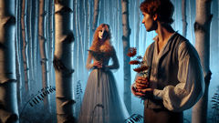 A ghostly figure sings among the birches at twilight, her form barely visible through the mist.