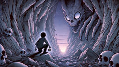 A determined young man enters a dark cave in the Japanese mountains, holding salt.