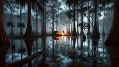 Silhouette of a large, shaggy figure moving through a sunlit swamp clearing.