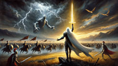 Nuada leads the Tuatha Dé Danann against the Fomorians at Mag Tuired, silver hand raised.