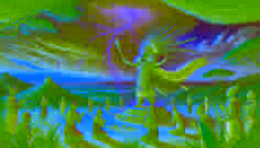 Chaminuka, en una colina sagrada vestido con atuendo shona, invocando la lluvia bajo cielos tempestuosos mientras los aldeanos se arrodillan en admiración.